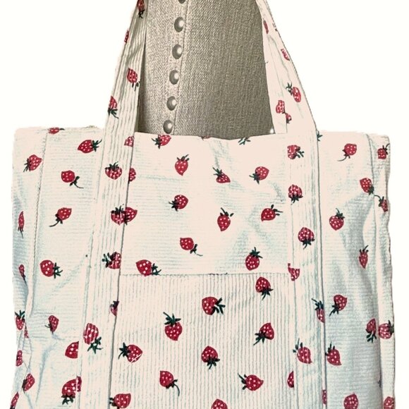 Spacious Cream Corduroy Zipper Tote Bag Strawberries Strawberry Pattern Handbag - Picture 3 of 5
